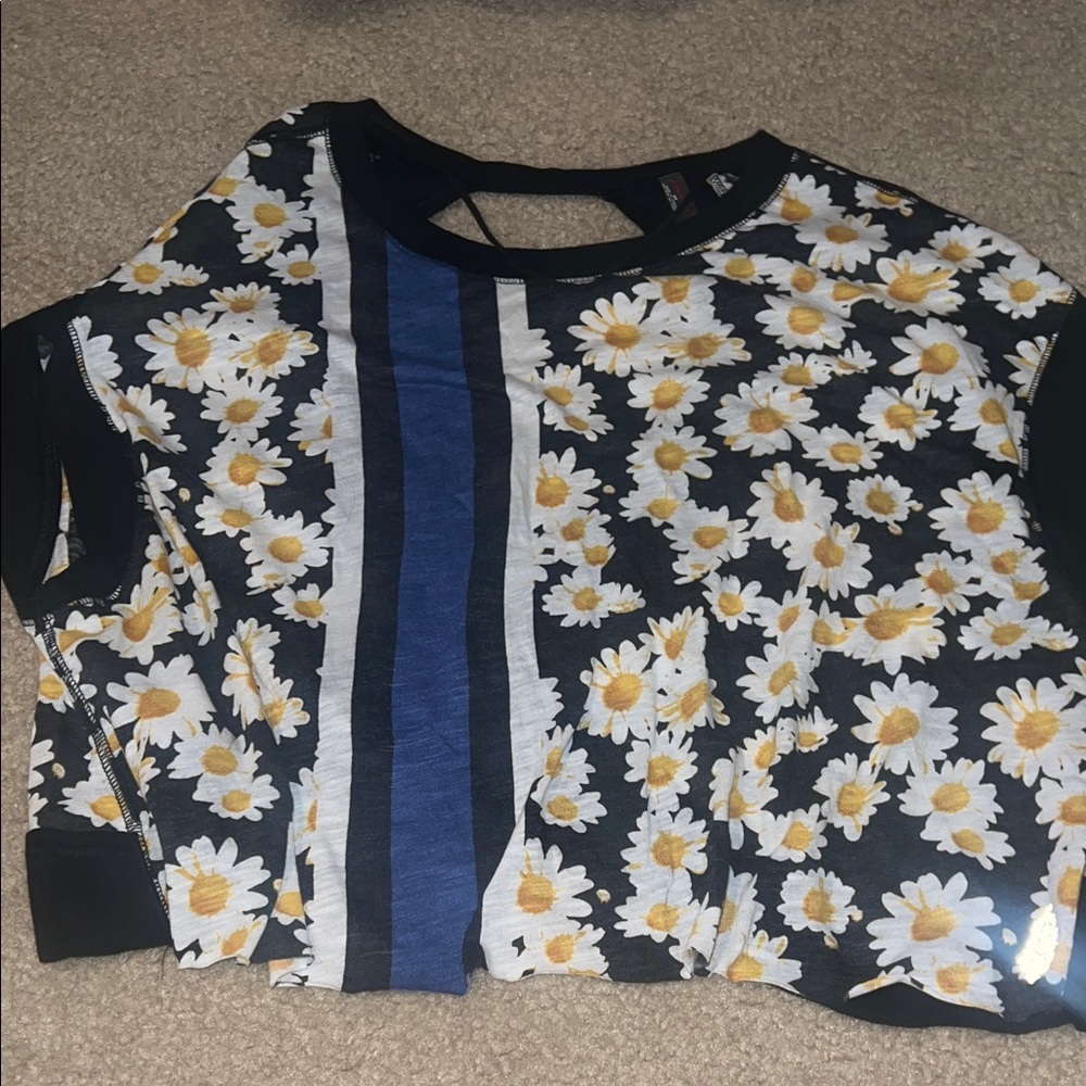 Free People Black Floral Daisy Crop Top with Blue Stripe